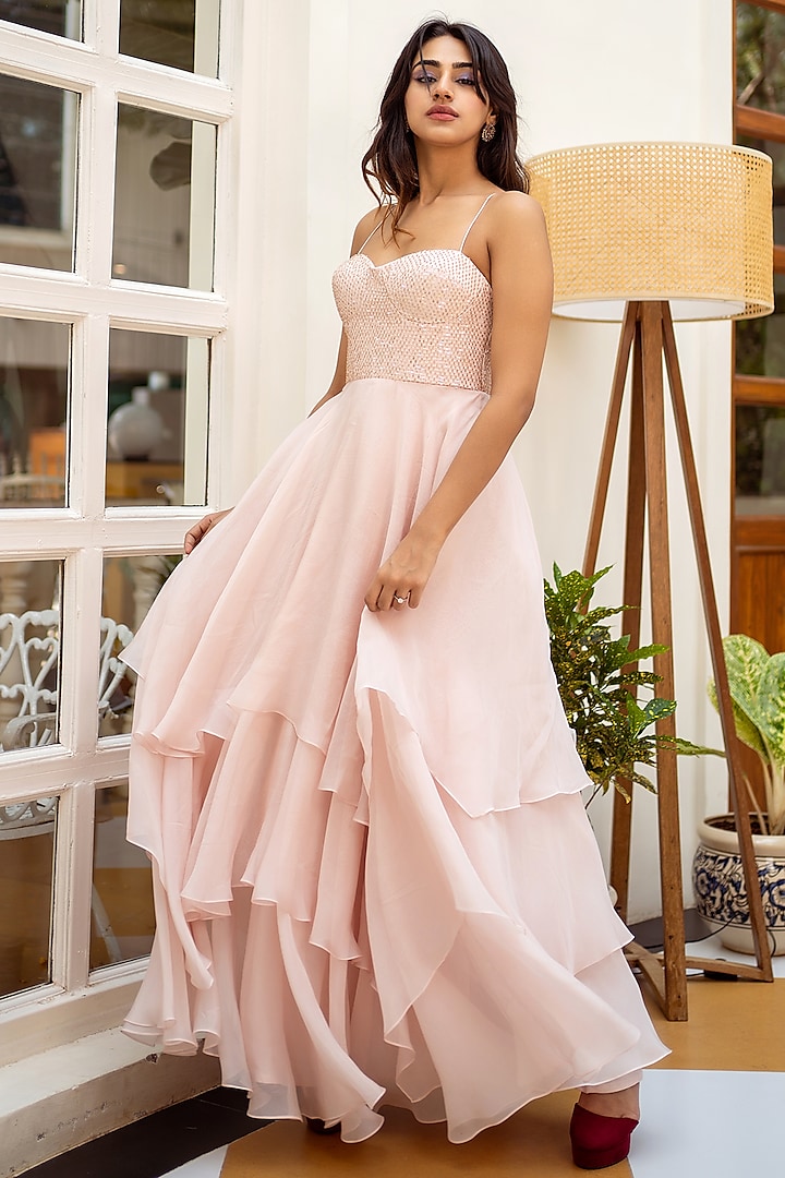 Pastel Pink Organza & Crepe Embellished Gown by Shahmeen Husain
