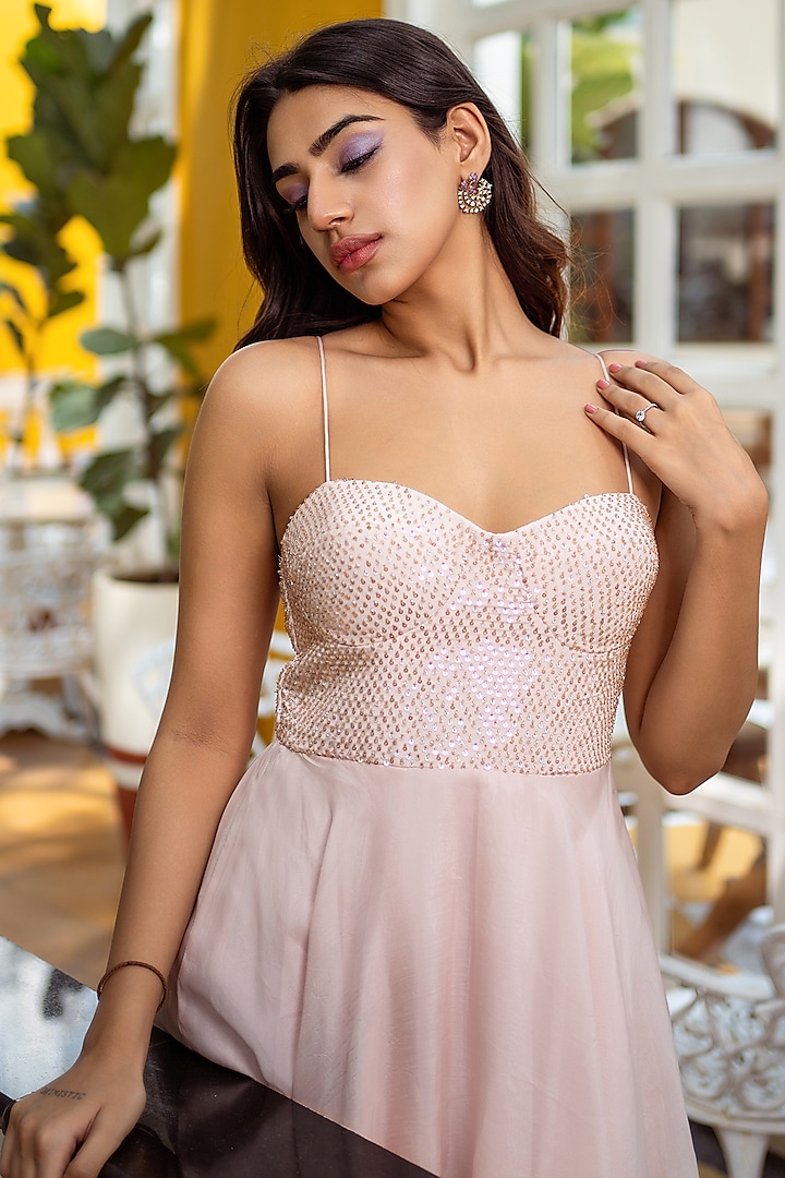 Pastel Pink Organza & Crepe Embellished Party Wear Gown by Shahmeen Husain at Pernia's Pop Up Shop