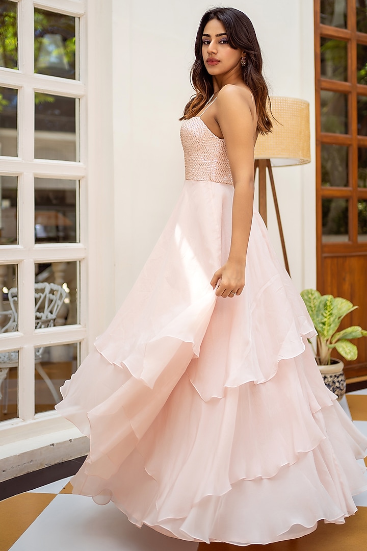 Pastel Pink Organza & Crepe Embellished Party Wear Gown by Shahmeen Husain at Pernia's Pop Up Shop