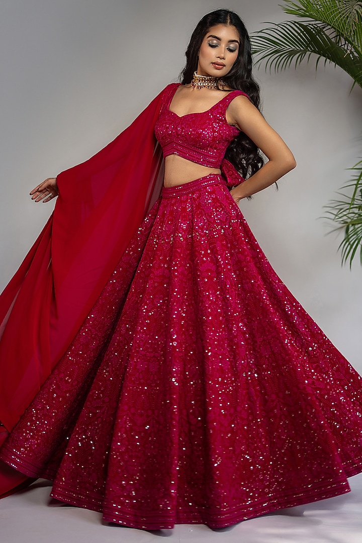 Fuchsia Georgette & Chikankari Embroidered Wedding Lehenga Set by Shahmeen Husain at Pernia's Pop Up Shop