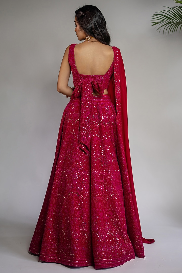 Fuchsia Georgette & Chikankari Embroidered Wedding Lehenga Set by Shahmeen Husain at Pernia's Pop Up Shop
