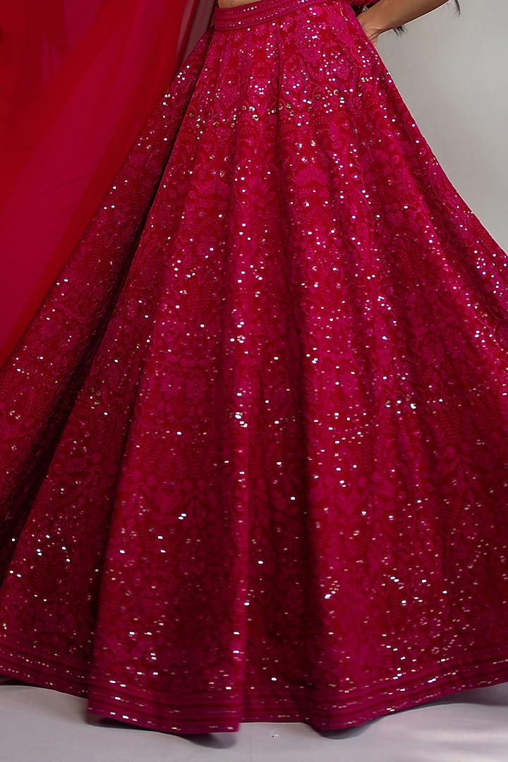 Fuchsia Georgette & Chikankari Embroidered Wedding Lehenga Set by Shahmeen Husain at Pernia's Pop Up Shop