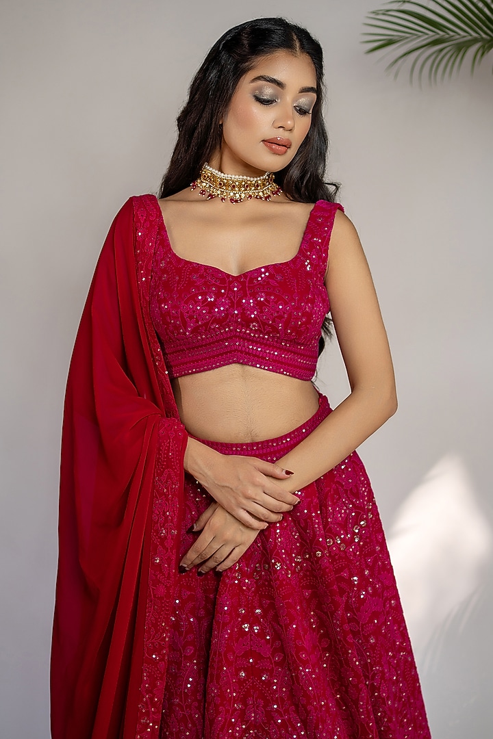 Fuchsia Georgette & Chikankari Embroidered Wedding Lehenga Set by Shahmeen Husain at Pernia's Pop Up Shop