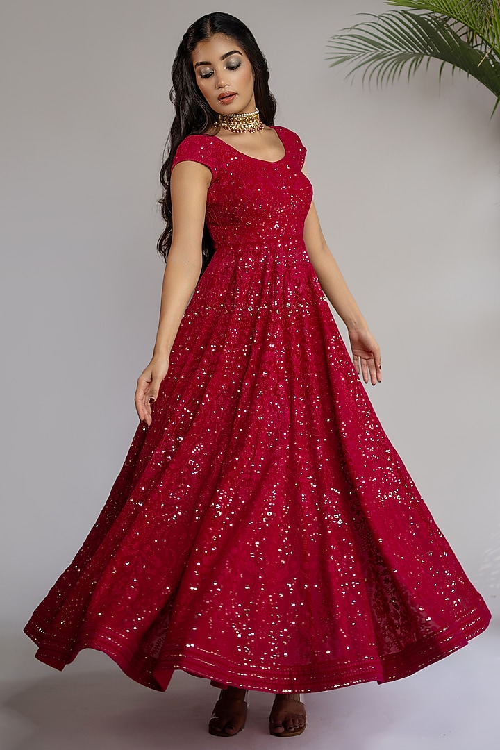 Fuchsia Georgette & Chikankari Embroidered Wedding Anarkali Set by Shahmeen Husain at Pernia's Pop Up Shop
