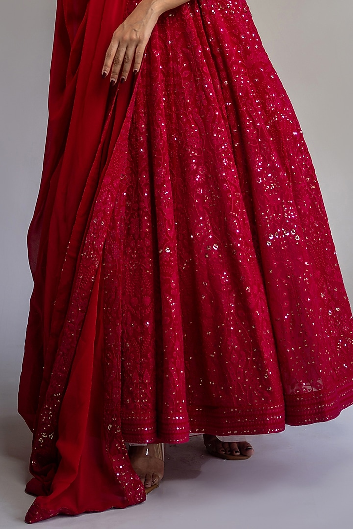Fuchsia Georgette & Chikankari Embroidered Wedding Anarkali Set by Shahmeen Husain at Pernia's Pop Up Shop