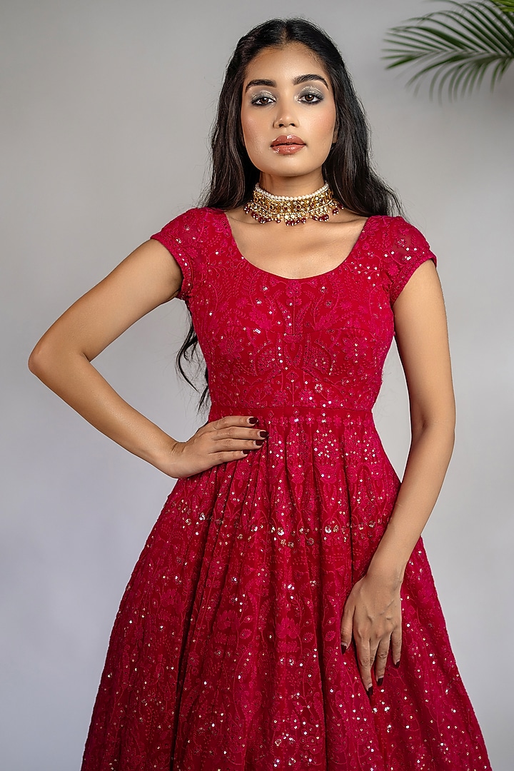 Fuchsia Georgette & Chikankari Embroidered Wedding Anarkali Set by Shahmeen Husain at Pernia's Pop Up Shop
