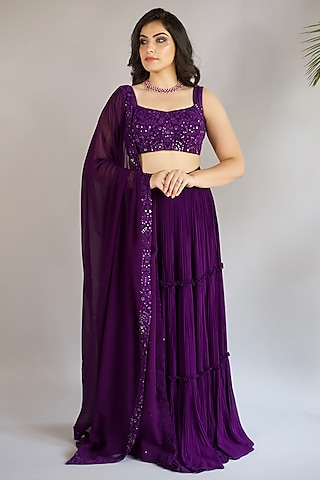 Violet Georgette Pleated Lehenga Set by Shahmeen Husain