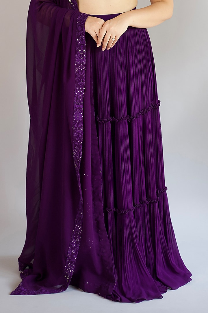 Violet Georgette Pleated Wedding Lehenga Set by Shahmeen Husain at Pernia's Pop Up Shop