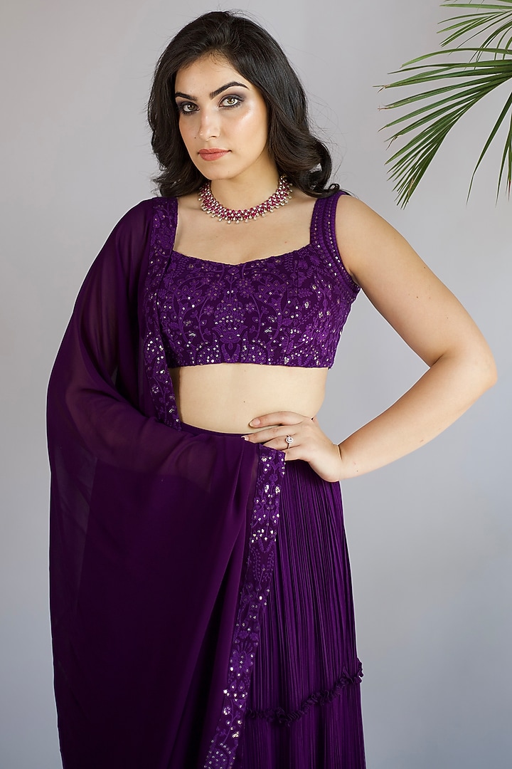 Violet Georgette Pleated Wedding Lehenga Set by Shahmeen Husain at Pernia's Pop Up Shop
