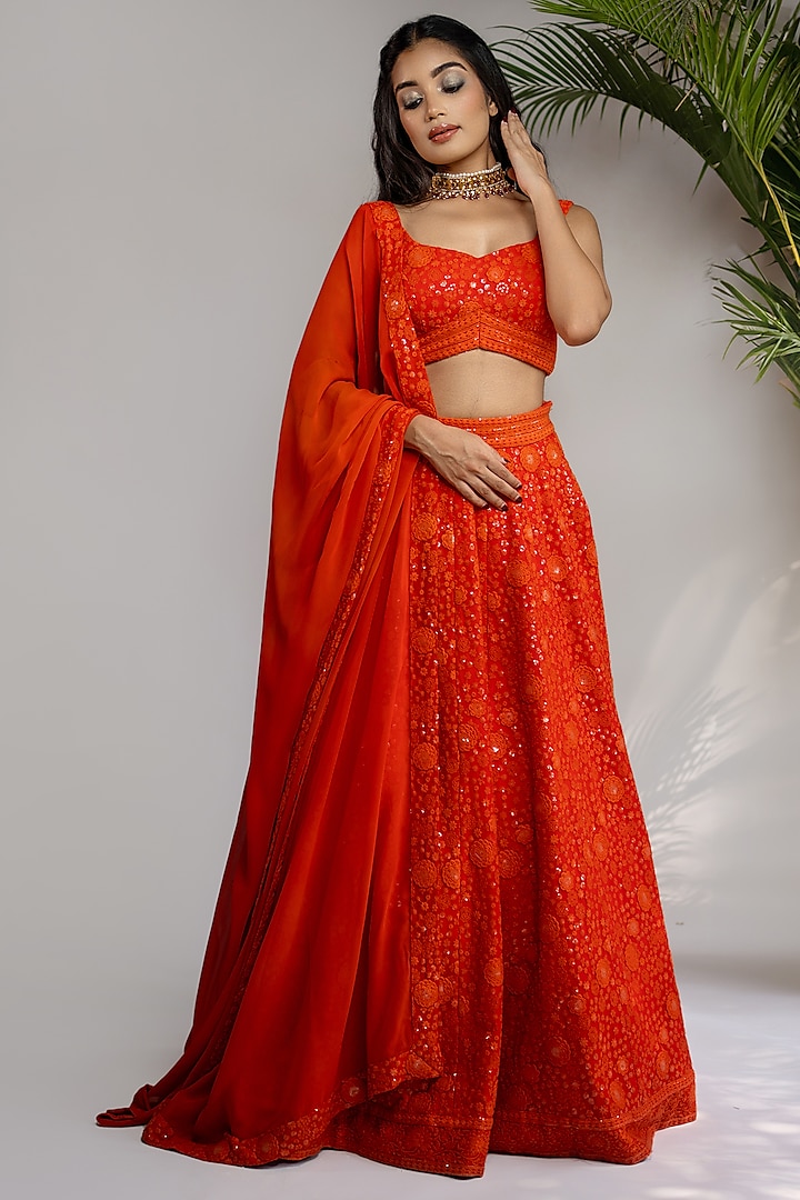 Rust Orange Chikankari Sequins Embroidered Lehenga Set by Shahmeen Husain