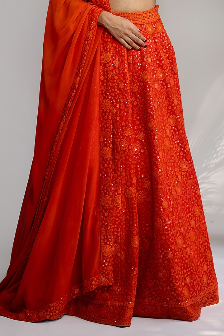 Rust Orange Chikankari Sequins Embroidered Wedding Lehenga Set by Shahmeen Husain at Pernia's Pop Up Shop