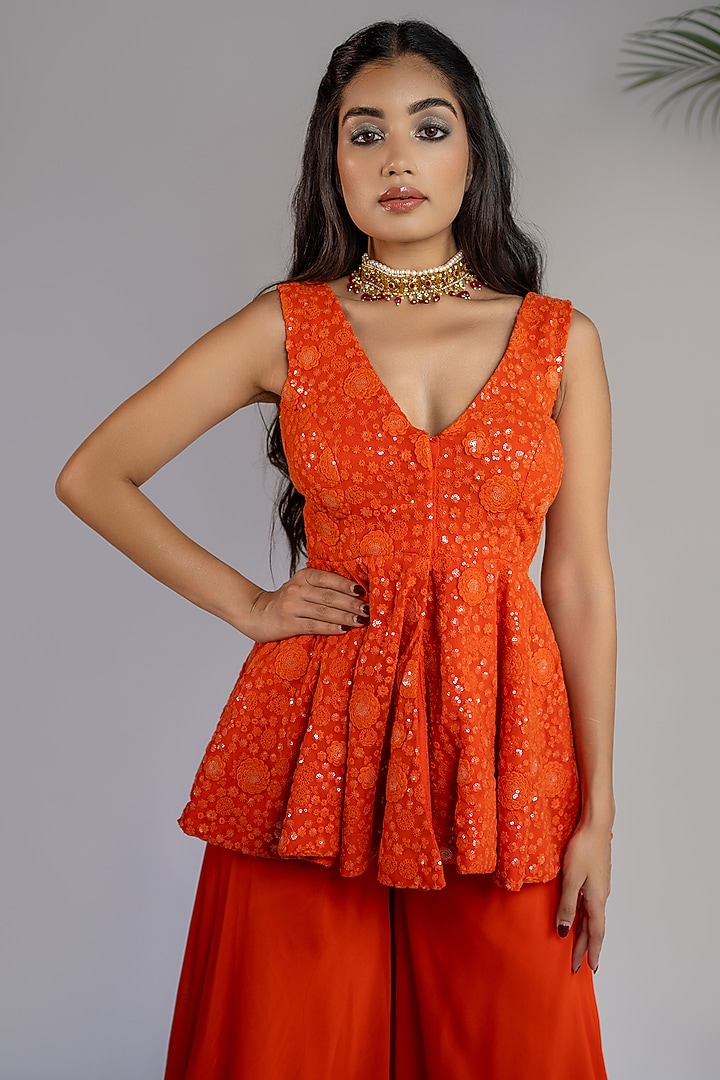 Rust Orange Chikankari Palazzo Set by Shahmeen Husain at Pernia's Pop Up Shop