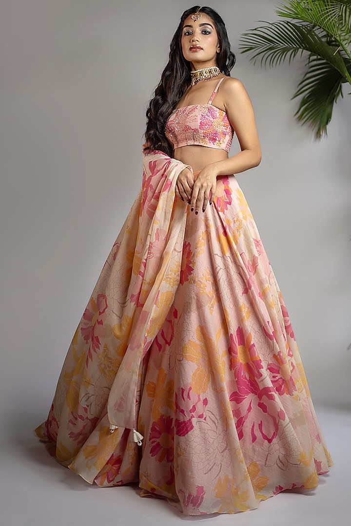 Pink & Yellow Organic Silk Floral Printed Lehenga Set by Shahmeen Husain