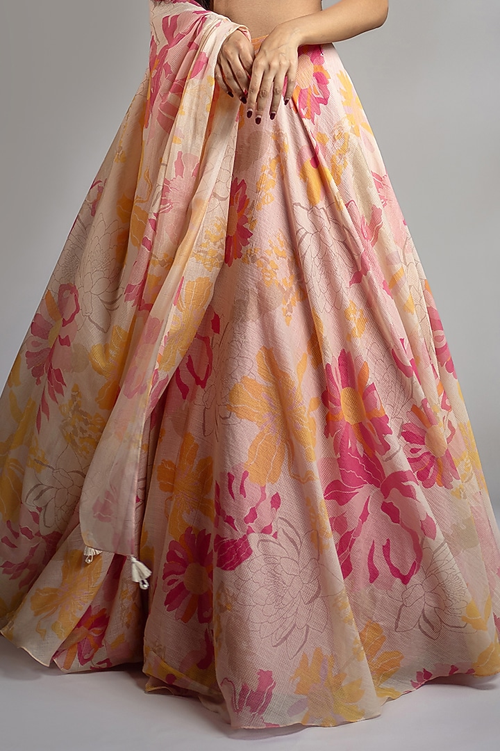 Pink & Yellow Organic Silk Floral Printed Wedding Lehenga Set by Shahmeen Husain at Pernia's Pop Up Shop