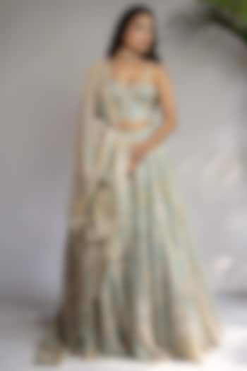 Powder Blue Organic Silk Floral Printed Lehenga Set by Shahmeen Husain