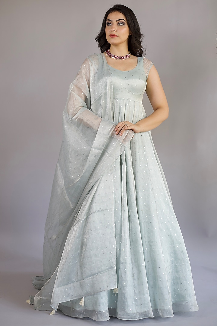 Sky Blue Tissue Silk Sequins Work Anarkali Set by Shahmeen Husain