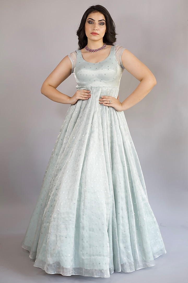 Sky Blue Tissue Silk Sequins Work Wedding Anarkali Set by Shahmeen Husain at Pernia's Pop Up Shop