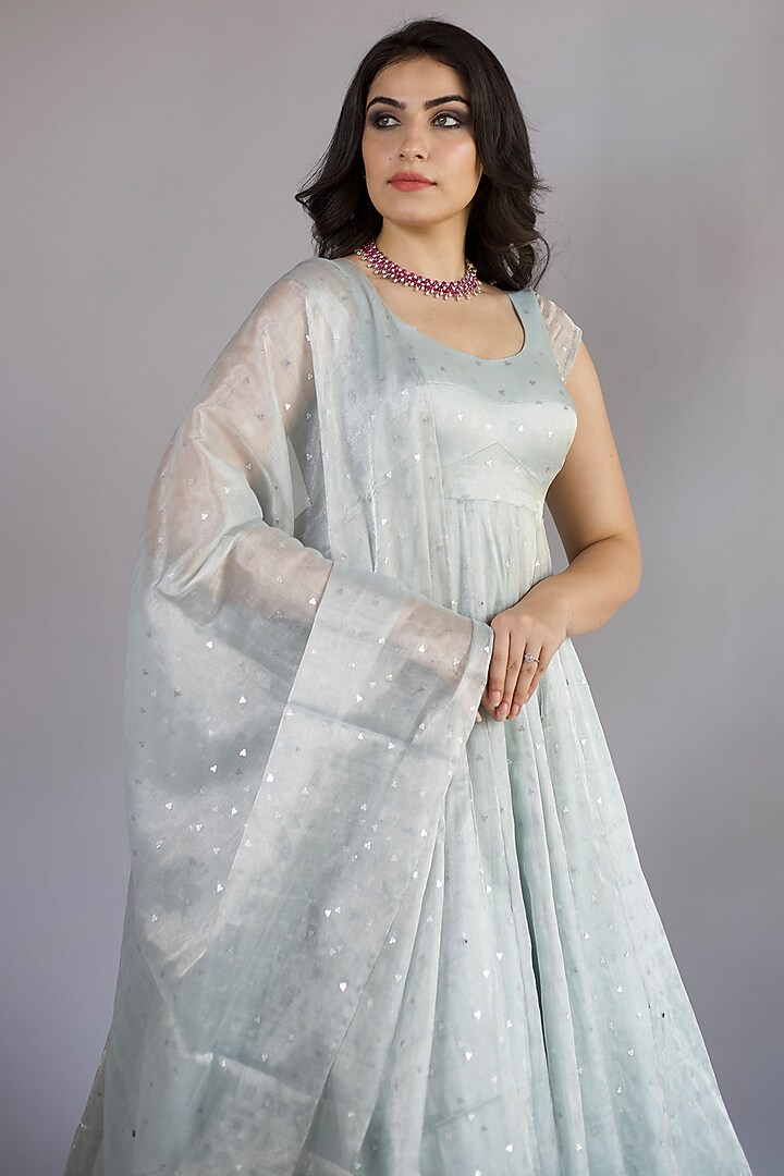 Sky Blue Tissue Silk Sequins Work Wedding Anarkali Set by Shahmeen Husain at Pernia's Pop Up Shop