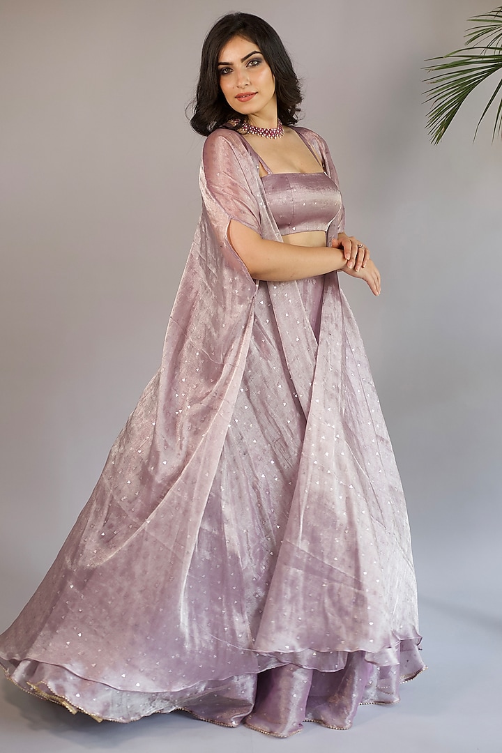 Lilac Tissue Silk Jacket Lehenga Set by Shahmeen Husain