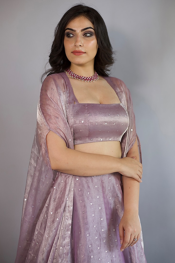 Lilac Tissue Silk Jacket Wedding Lehenga Set by Shahmeen Husain at Pernia's Pop Up Shop