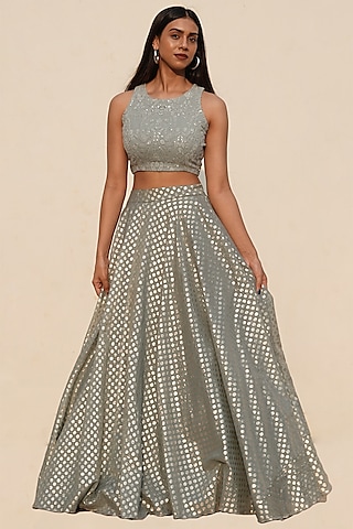 Ice Blue Foil Printed Lehenga Set With Sequins Work by Shahmeen Husain
