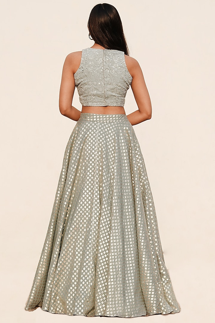 Ice Blue Foil Printed Lehenga Set With Sequins Work by Shahmeen Husain at Pernia's Pop Up Shop