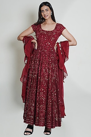 Maroon Chikankari Anarkali Set With Sequins Work by Shahmeen Husain