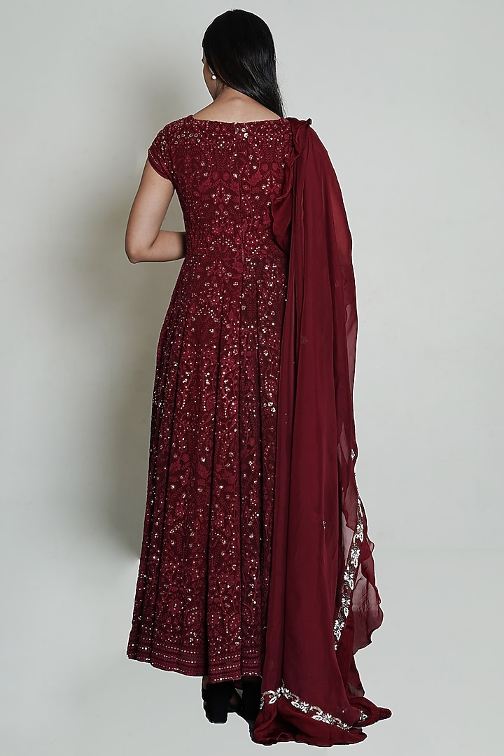 Maroon Chikankari Wedding Anarkali Set With Sequins Work by Shahmeen Husain at Pernia's Pop Up Shop
