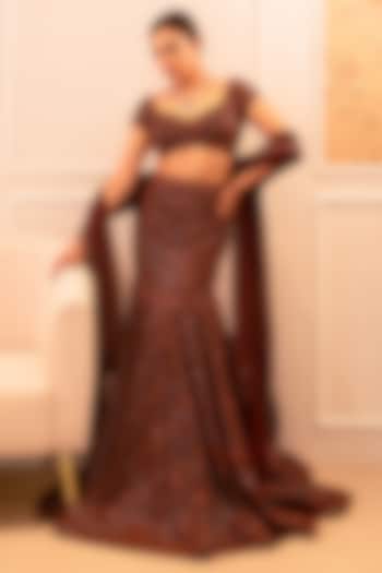 Mocha Brown Chikankari & Georgette Sequins Embroidered Wedding Lehenga Set by Shahmeen Husain at Pernia's Pop Up Shop