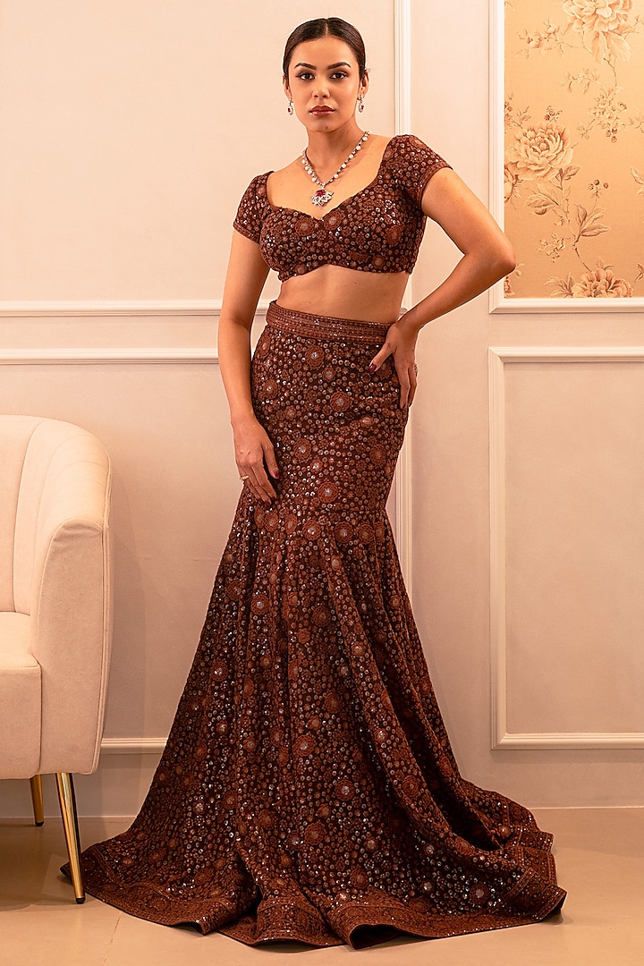Mocha Brown Chikankari & Georgette Sequins Embroidered Wedding Lehenga Set by Shahmeen Husain at Pernia's Pop Up Shop