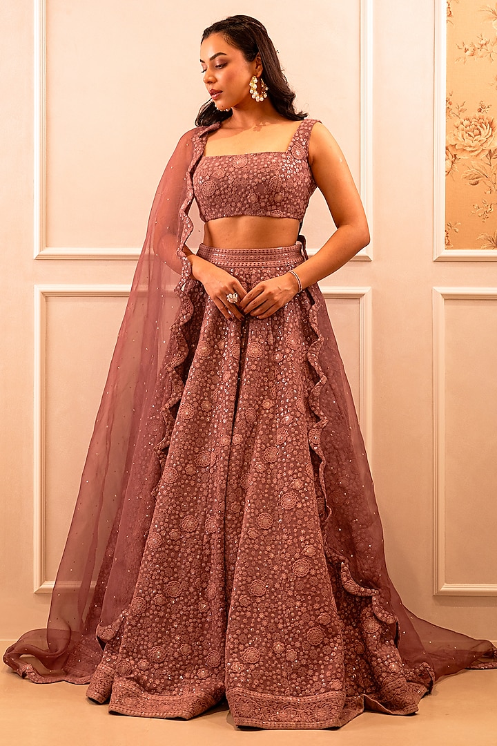 Mauve Pink Chikankari & Georgette Sequins Embroidered Wedding Lehenga Set by Shahmeen Husain at Pernia's Pop Up Shop