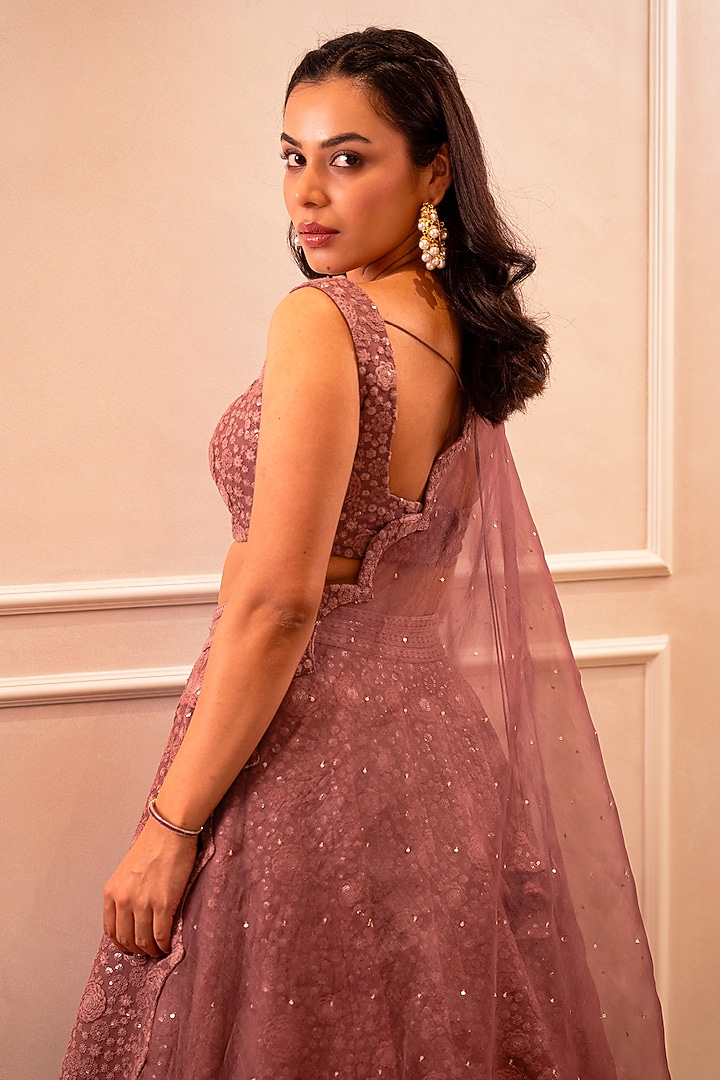 Mauve Pink Chikankari & Georgette Sequins Embroidered Wedding Lehenga Set by Shahmeen Husain at Pernia's Pop Up Shop