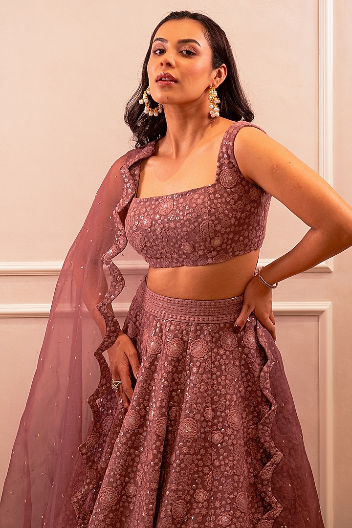 Mauve Pink Chikankari & Georgette Sequins Embroidered Wedding Lehenga Set by Shahmeen Husain at Pernia's Pop Up Shop