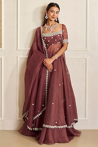 Mauve Pink Organza Embroidered Anarkali Set by Shahmeen Husain