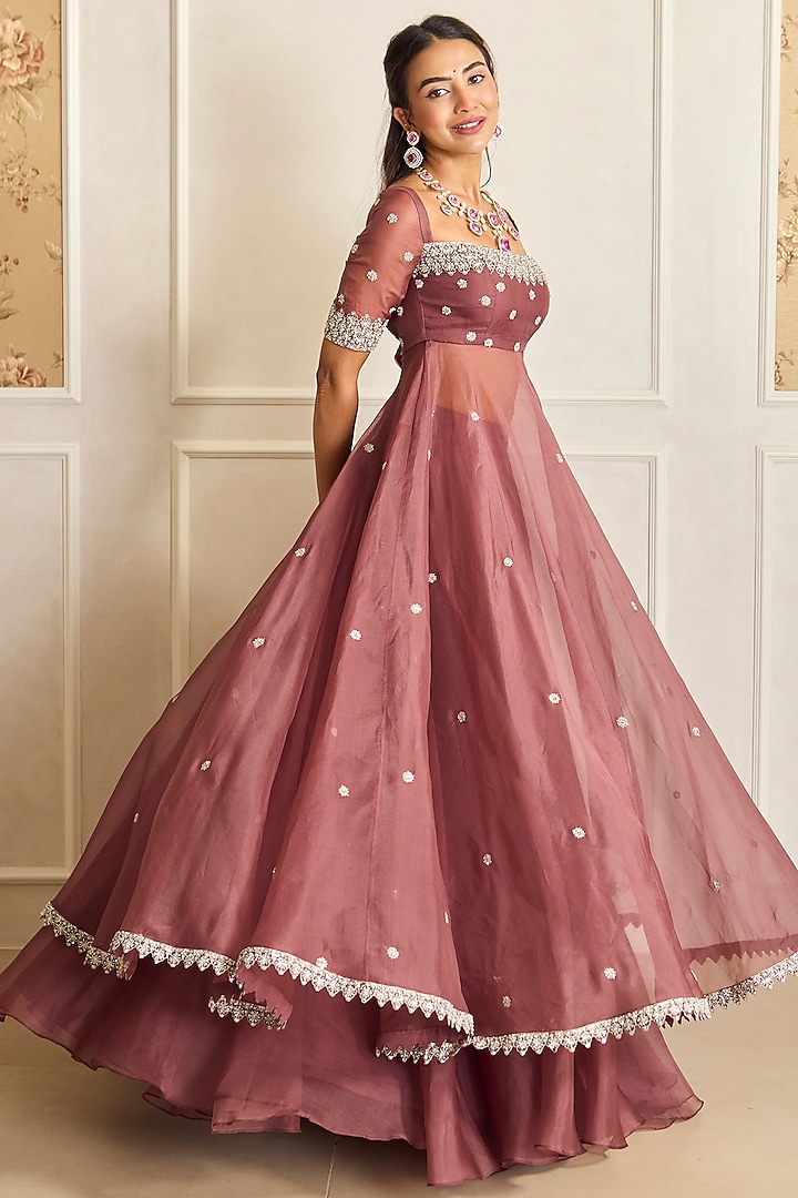 Mauve Pink Organza Embroidered Wedding Anarkali Set by Shahmeen Husain at Pernia's Pop Up Shop