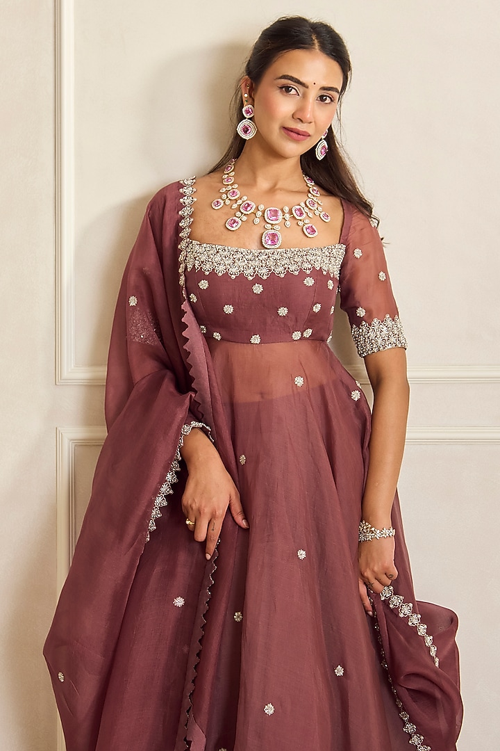 Mauve Pink Organza Embroidered Wedding Anarkali Set by Shahmeen Husain at Pernia's Pop Up Shop