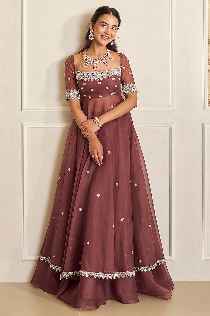 Mauve Pink Organza Embroidered Wedding Anarkali Set by Shahmeen Husain at Pernia's Pop Up Shop