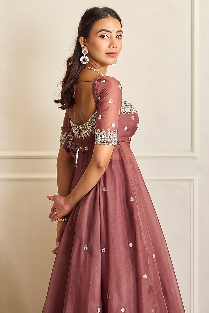 Mauve Pink Organza Embroidered Wedding Anarkali Set by Shahmeen Husain at Pernia's Pop Up Shop
