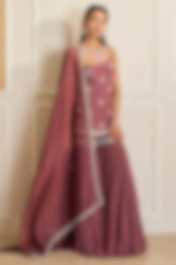 Mauve Pink Organza & Georgette Embroidered Flared Wedding Sharara Set by Shahmeen Husain at Pernia's Pop Up Shop