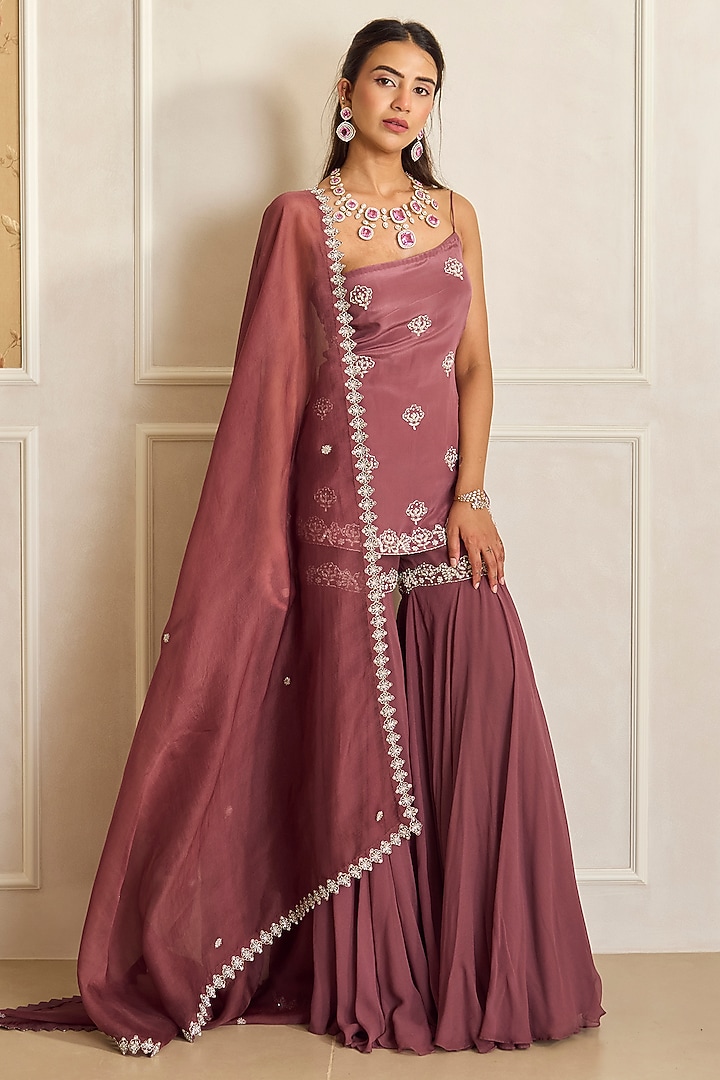 Mauve Pink Organza & Georgette Embroidered Flared Wedding Sharara Set by Shahmeen Husain at Pernia's Pop Up Shop