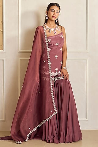 Mauve Pink Organza & Georgette Embroidered Flared Sharara Set by Shahmeen Husain