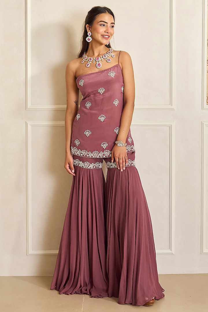Mauve Pink Organza & Georgette Embroidered Flared Wedding Sharara Set by Shahmeen Husain at Pernia's Pop Up Shop