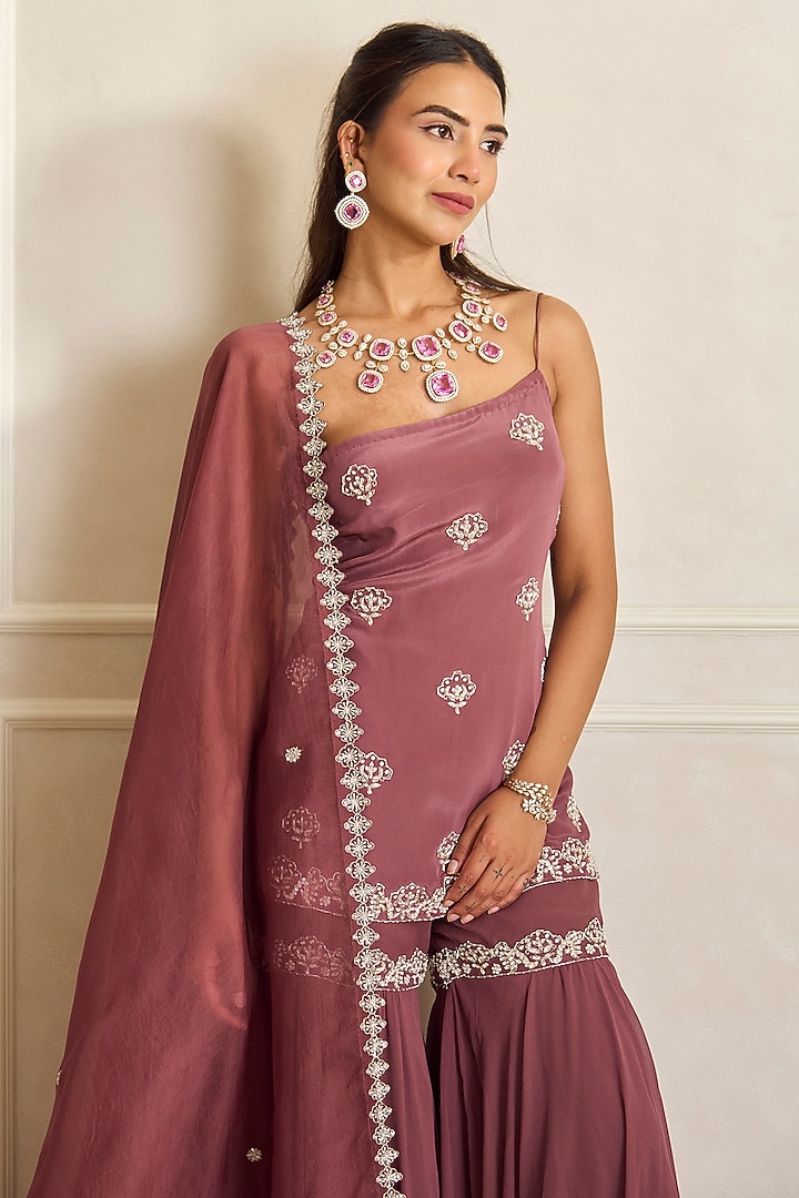 Mauve Pink Organza & Georgette Embroidered Flared Wedding Sharara Set by Shahmeen Husain at Pernia's Pop Up Shop