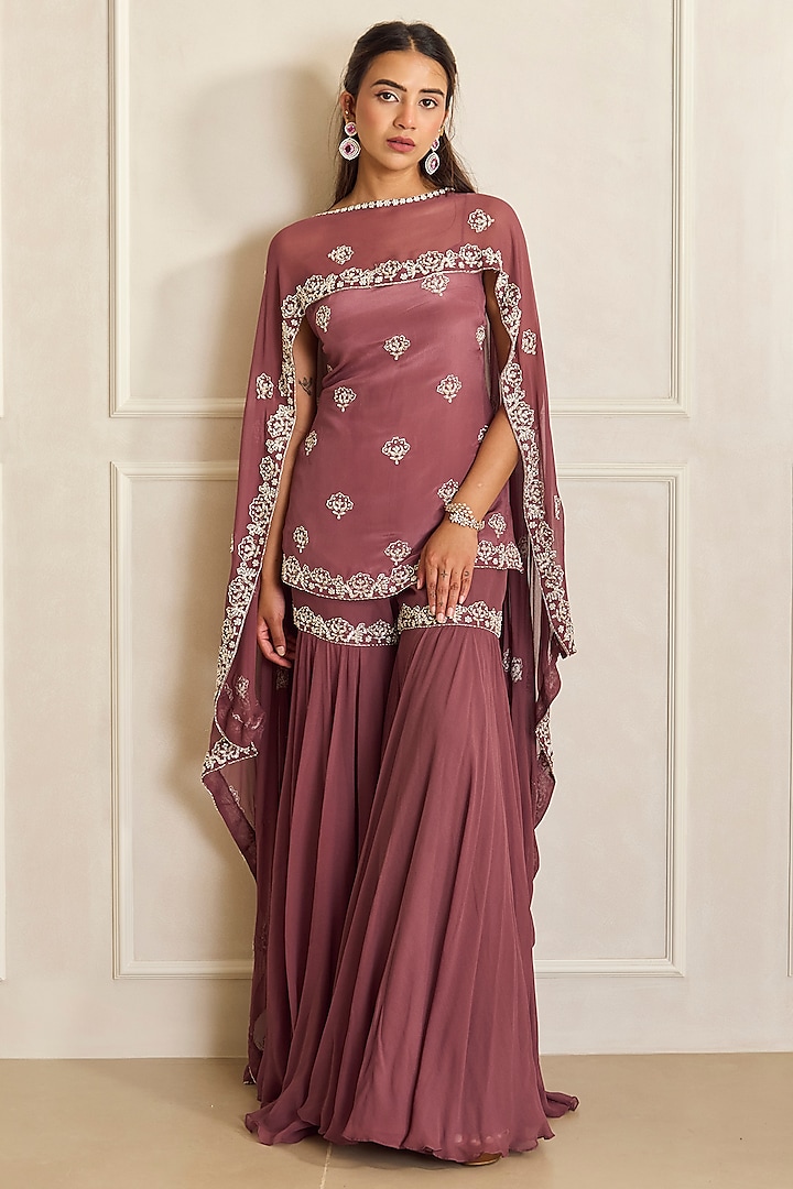 Mauve Pink Organza & Georgette Embroidered Flared Wedding Sharara Set by Shahmeen Husain at Pernia's Pop Up Shop