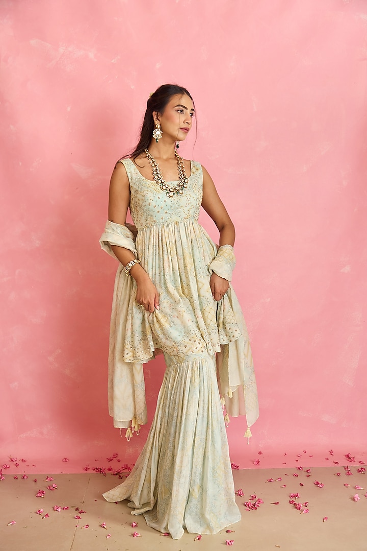 Ivory Silk Printed Gharara Set by Shahmeen Husain at Pernia's Pop Up Shop