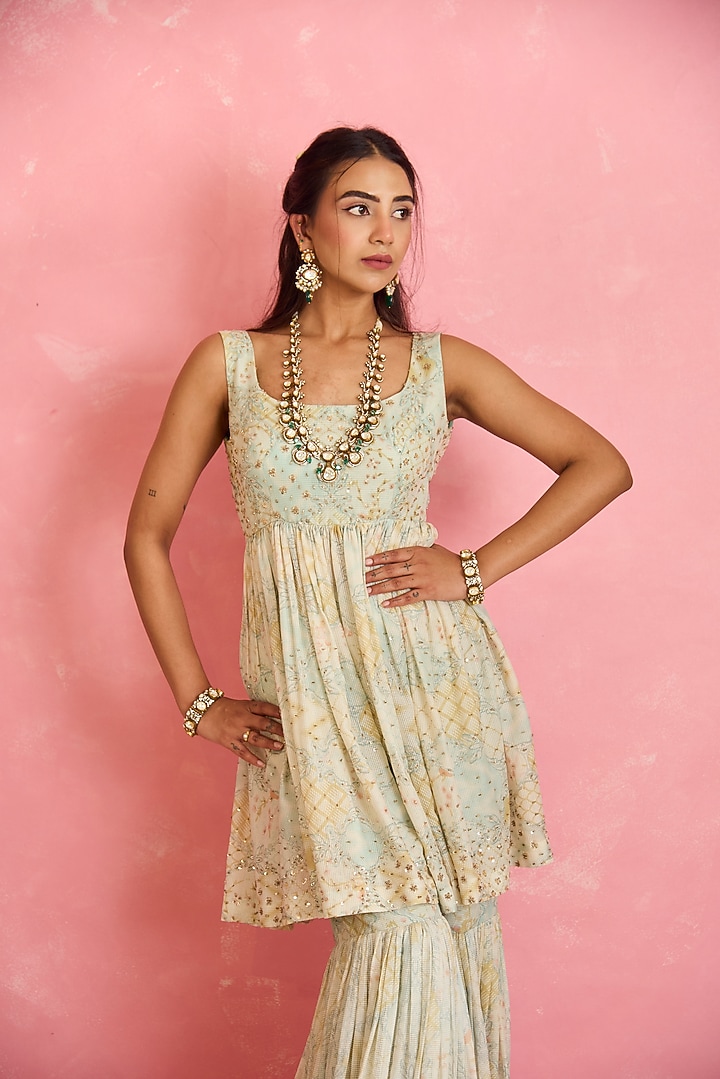 Ivory Silk Printed Gharara Set by Shahmeen Husain at Pernia's Pop Up Shop