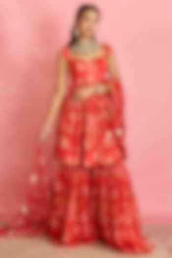 Red Silk Printed Gharara Set by Shahmeen Husain at Pernia's Pop Up Shop