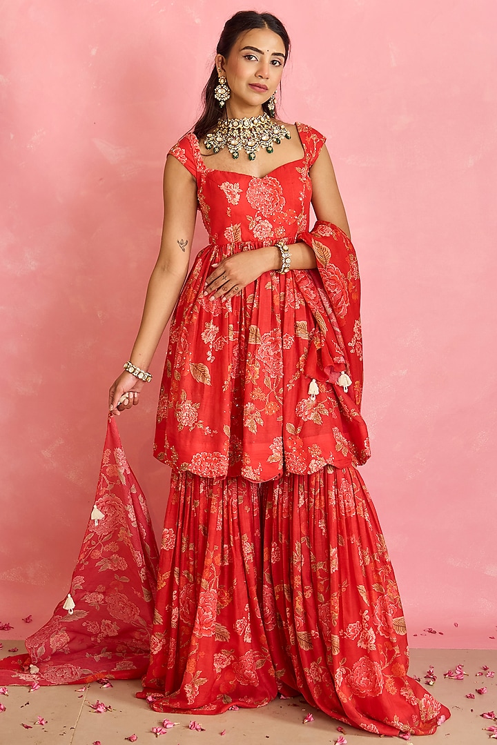 Red Silk Printed Gharara Set by Shahmeen Husain at Pernia's Pop Up Shop
