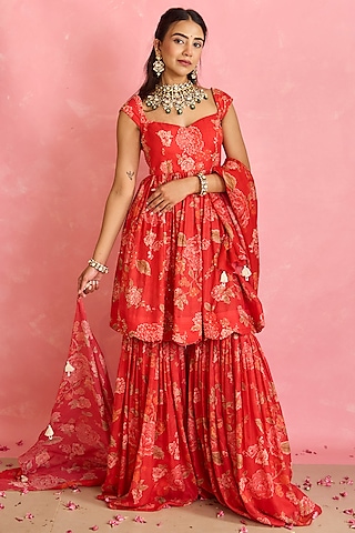 Red Silk Printed Gharara Set by Shahmeen Husain