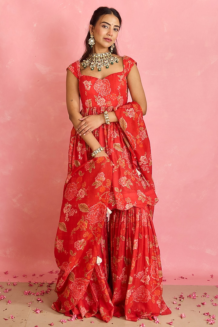 Red Silk Printed Gharara Set by Shahmeen Husain at Pernia's Pop Up Shop